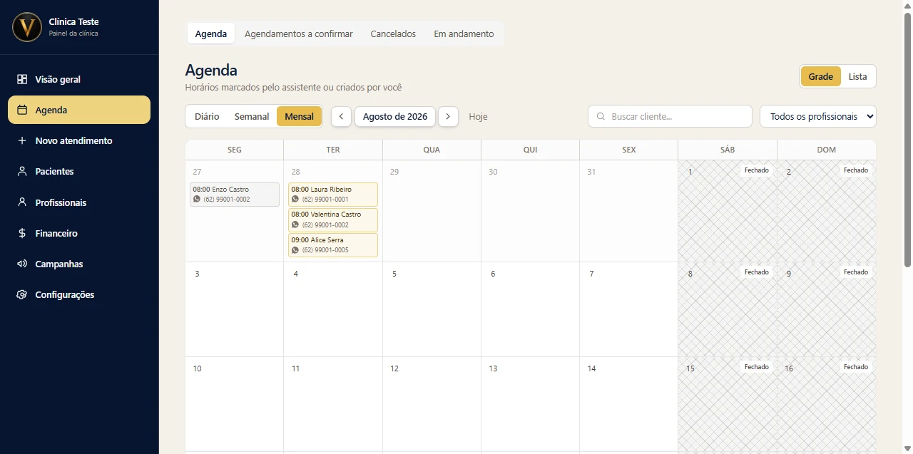 Clique para ampliar Agenda no painel da Visia com consultas de cada especialidade e profissional, sem sobreposição de horário